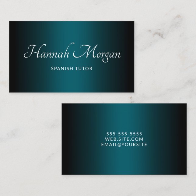 Svart Mörk Teal Ombre Elegant Skrift Visitkort (Fram/baksida)