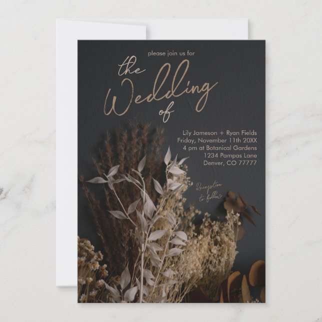 Svart Mörk Torkad Blommigt Boho Rustic Bröllop Inbjudningar (Framsida)