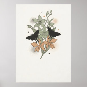 Svart Moths Sage Terrakotta Orkidé Botanisk Konst Poster