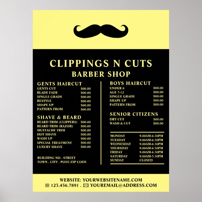 Svart Moustache, Herrfrisör Prislista Poster (Framsidan)
