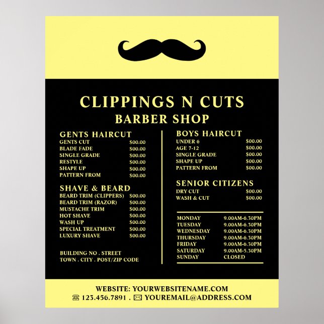 Svart Moustache, Herrfrisör Prislista Poster (Framsidan)