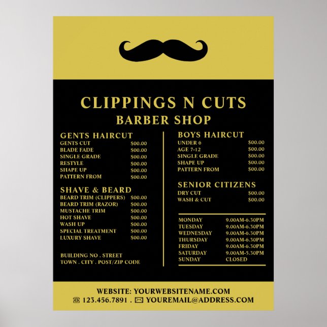 Svart Moustache, herrfrisör Prislista Poster (Framsidan)