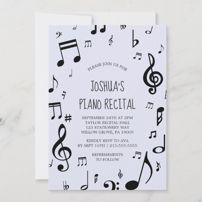 Svart musiknot Piano-skäl Inbjudningar (Framsida)