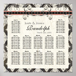 Svart 'n White Damask Rosa Bröllop Sittdiagram Poster