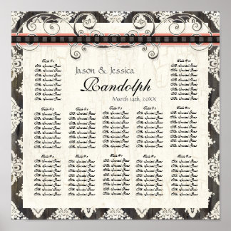 Svart 'n White Damask Rosa Bröllop Sittdiagram Poster