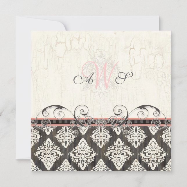 Svart 'n White Damask (rosa) Bröllopsinbjudan Inbjudningar (Framsida)
