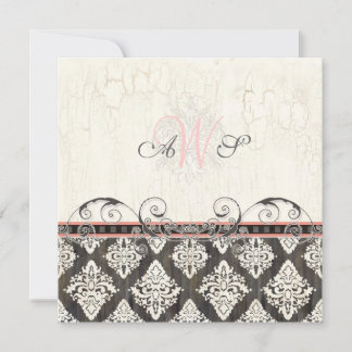 Svart 'n White Damask (rosa) Bröllopsinbjudan Inbjudningar