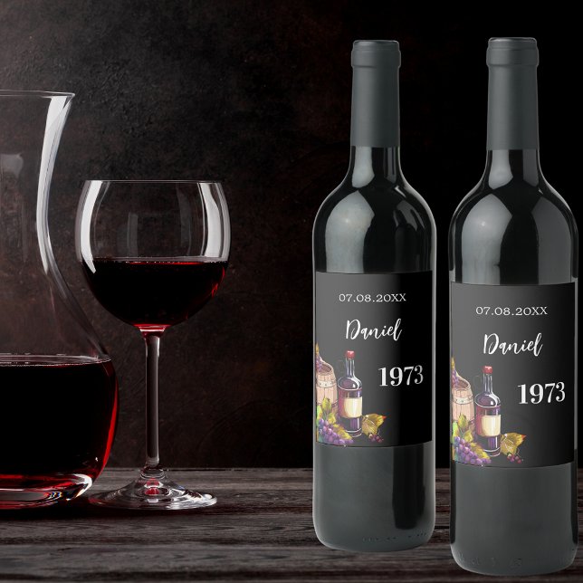 Svart namn-födelseår vinflaska etikett (Skapare uppladdad)