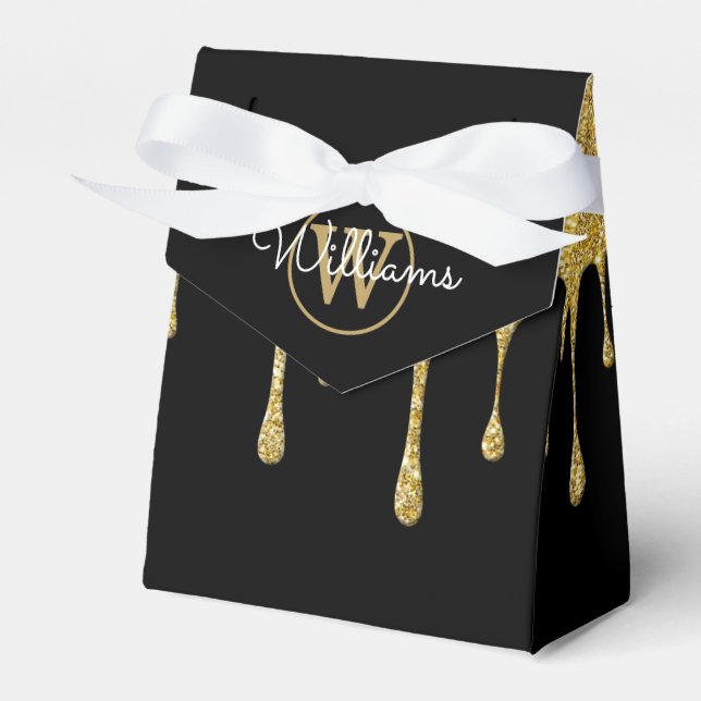 Svart namn i glittermonogram med glittrig droppfor presentaskar (Framsidan Sidan)
