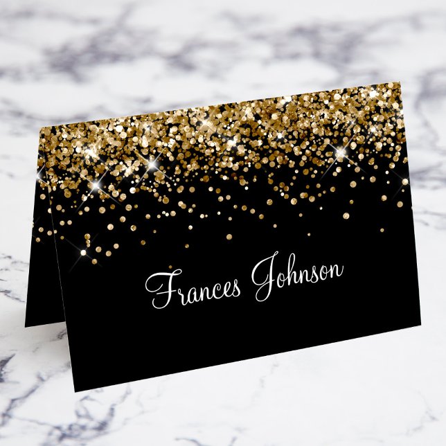 Svart Namn-kort för guld Glitter Bordsnummer (Gold Glitter Black Individual Name Place Cards)