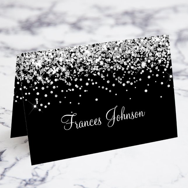 Svart Namn-kort för silver Glitter Bordsnummer (Silver Glitter Black Individual Name Place Cards)
