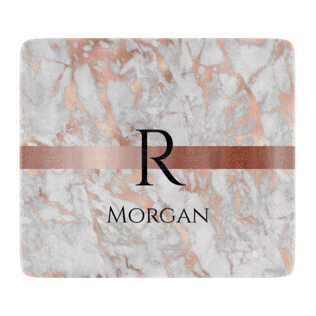 Svart namn & monogram, vit & roséguld marmor (Framsidan)