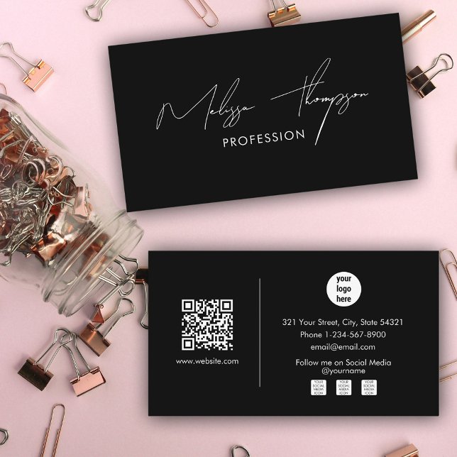 Svart Namnteckning Professionell QR-kod för skript Visitkort (Black Signature Script Professional QR Code Business Card)