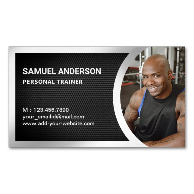 Svart nät silver fitness personlig tränare foto magnetiska visitkort (Framsida)