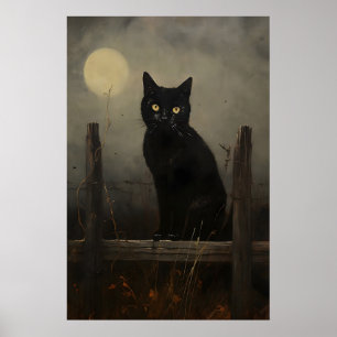 Svart nattkatt vintageutskrift, månkatt på ett sta poster