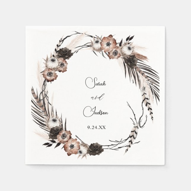Svart & Naturlig Blommig Boho Namn Pappersservett (Framsidan)