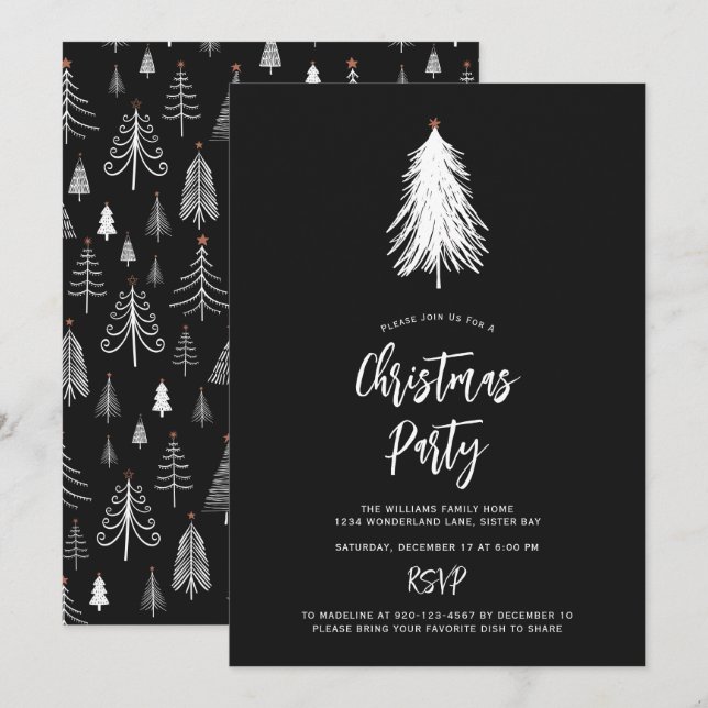 Svart naturvit Julgran Party Inbjudningar (Fram/baksida)
