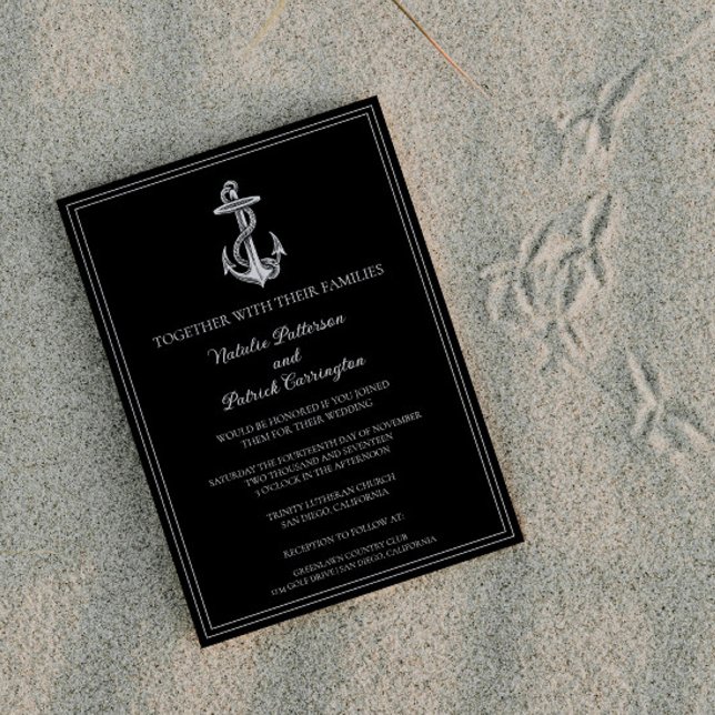 Svart Nautisk ankarbröllop Inbjudningar (Black Nautical Anchor Wedding Invitation)