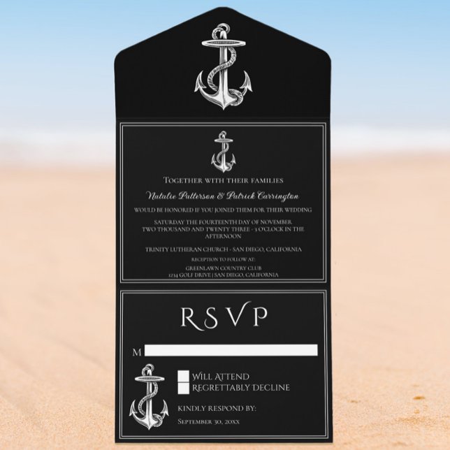 Svart nautiska ankare allt i en bröllopsinbjudan (Black Nautical Anchor All in One Wedding Invite)