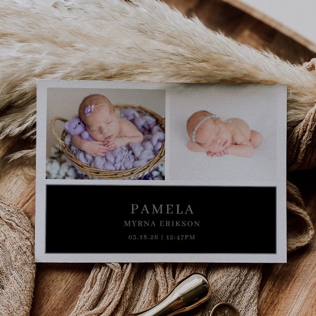 Svart nedtonad grå chic baby fotomeddelande kort (Skapare uppladdad)