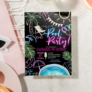 Svart Neon Glöd Vattenfärg Pool Party Födelsedag Inbjudningar