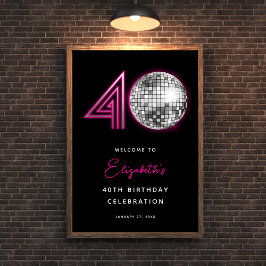 Svart neon rosa diskoboll fyrtio 40-årsdag poster