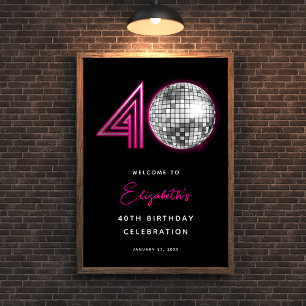 Svart neon rosa diskoboll fyrtio 40-årsdag poster