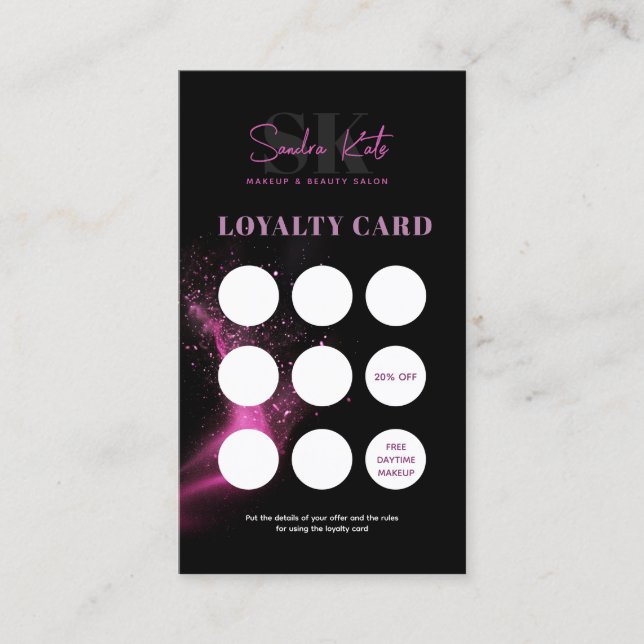 Svart neon rosa skönhetssalong QR-kod lojalitetsko Visitkort (Framsida)