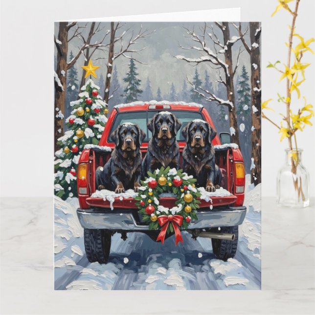 Svart Newfoundland Jul Röda Lastbil Högtid Kort (Gul blomma)