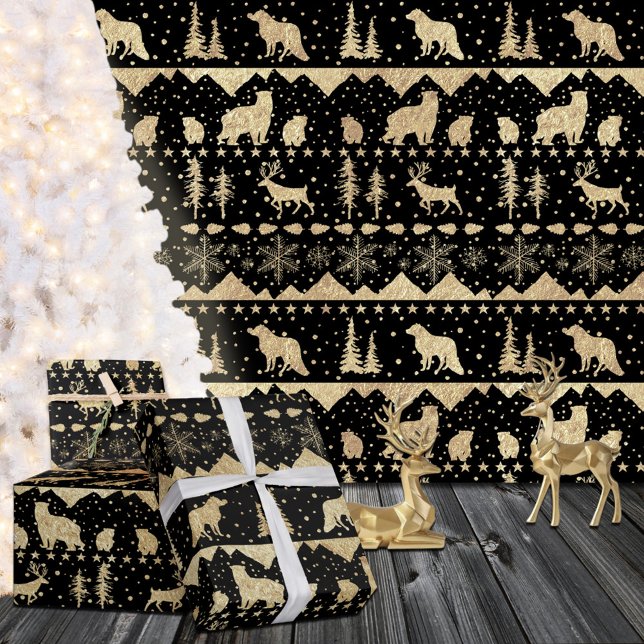 Svart nordisk sötare Guld Winter Animals Presentpapper (Nordic Sweater Gold Winter Animals Black Christmas Holiday Gift Wrapping Rolls in 6 & 15' lengths.)