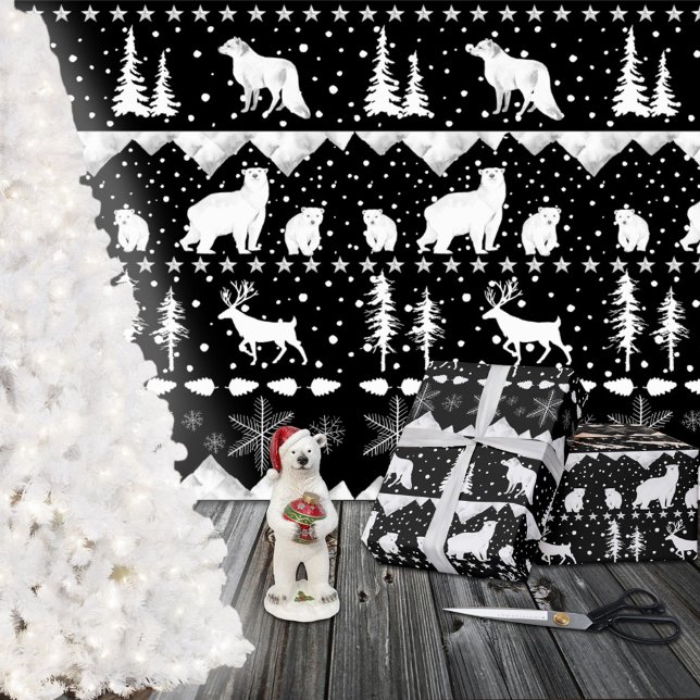 Svart nordisk sötare Vita vinterdjur Presentpapper (Nordic Sweater White Winter Animals Black Christmas Holiday Gift Wrapping Rolls)