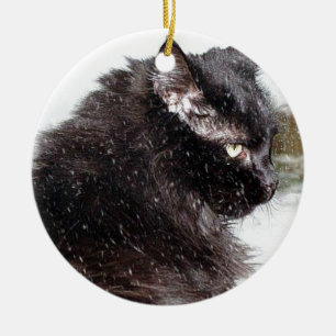 Svart norsk skogkatt i snöprydnaden julgransprydnad keramik