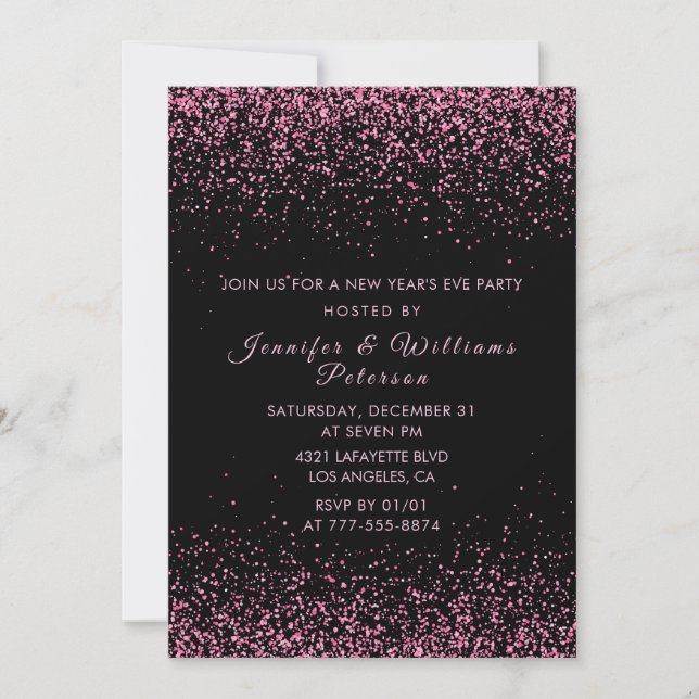 Svart nyårsafton inbjudan Rosa Glitter (Framsida)