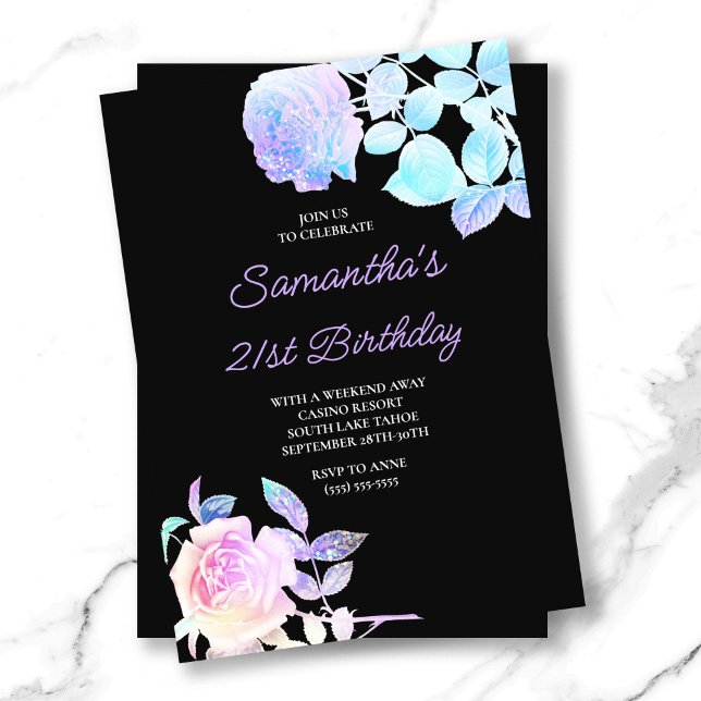 Svart och begynnande Blommigt 21:a födelsedag Inbjudningar (Black and Iridescent Floral 21st Birthday Invitation)