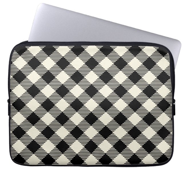 Svart och beige diagonal gingham-rutigt mönster laptop fodral (Framsidan)