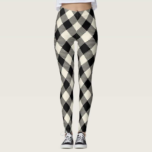 Svart och beige diagonal gingham-rutigt mönster leggings (Framsida)