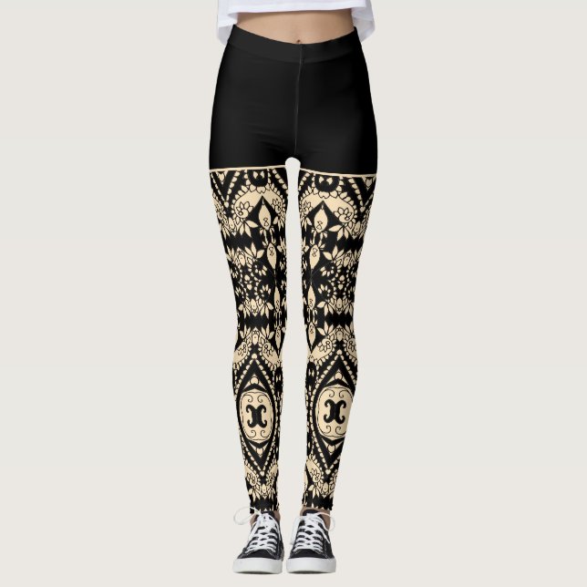 Svart och Beige Geometric Mönster Leggings (Framsida)
