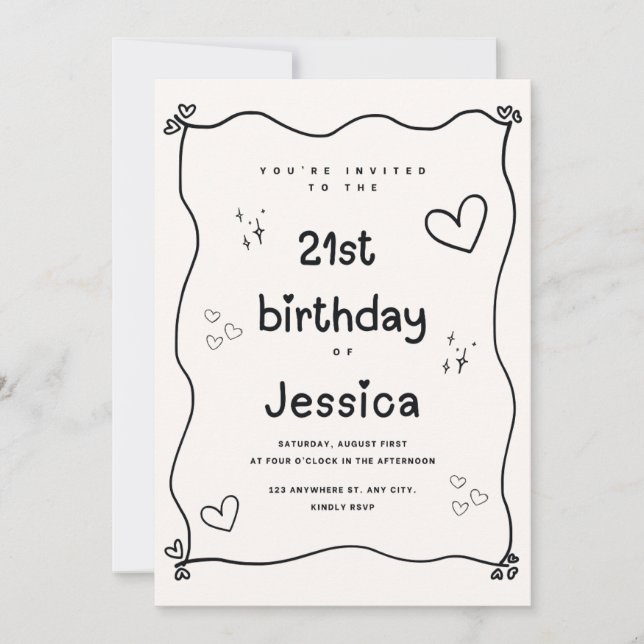 Svart och Beige Heart Minimal Birthday Inbjudan (Framsida)