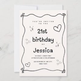 Svart och Beige Heart Minimal Birthday Inbjudan