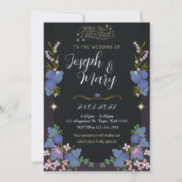 Svart och Blå Blommig Bröllopsinbjudan Inbjudningar