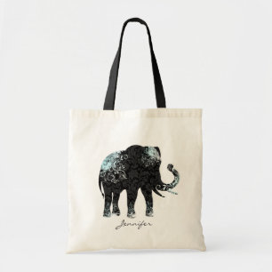 Svart och blå Blommigt Elephant Tygkasse