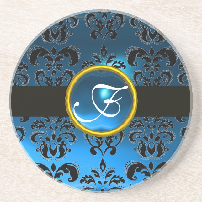SVART OCH BLÅ DAMAST Safir Monogram Underlägg Sandsten (Framsidan)