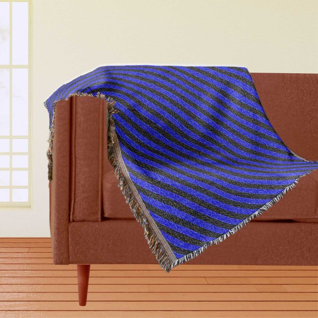 Svart och blå diagonal Rand texturerad Mönster Mysfilt (Black and Blue Diagonal Stripes Textured Pattern Throw Blanket)