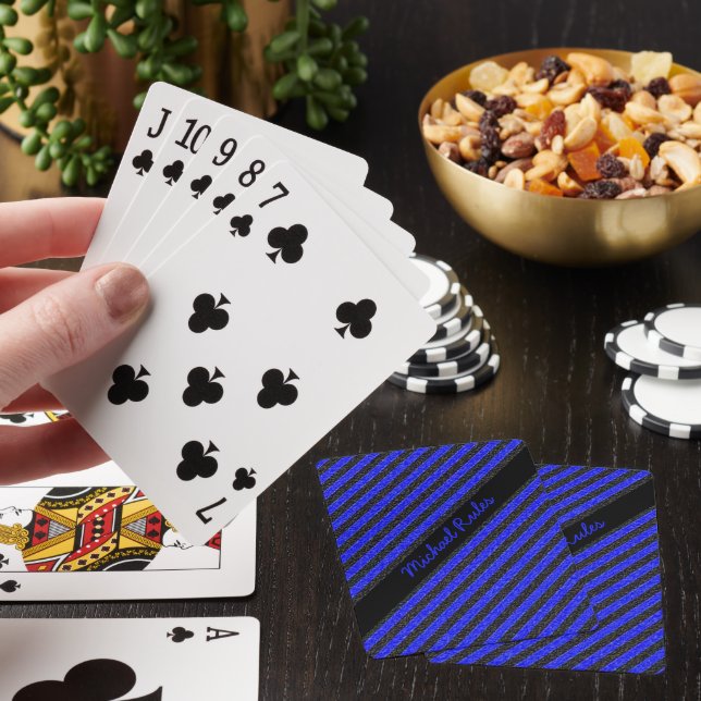 Svart och blå faux Glitter diagonal Rand Namn Casinokort (På plats)