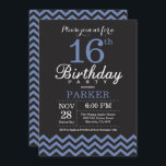 Svart och blå inbjudan på 16:e födelsedag<br><div class="desc">16:e födelsedagsinbjudan med svart och blå Chevron. Chalkboard. Barns födelsedag. Boy eller Girl Bday Inbjudan. Om du vill göra ytterligare anpassningar klickar du på knappen "Anpassa" och användor verktyg som är utformat för att ändra mallen.</div>