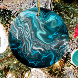 Svart och blå marble Fluid Art-Personlig Julgransprydnad Keramik