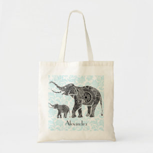 Svart och blå Ornate Swirls Elephant-Anpassningsba Tygkasse