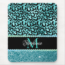 Svart och blå Teal Leopard Glamour Monogram Musmatta