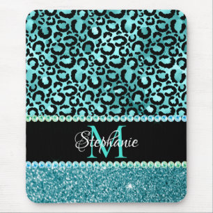 Svart och blå Teal Leopard Glamour Monogram Musmatta