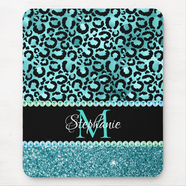 Svart och blå Teal Leopard Glamour Monogram Musmatta (Framsidan)